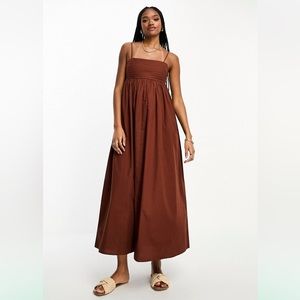 Tall cotton pleat bust babydoll midi sundress in chocolate